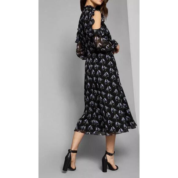 Ted Baker Hilaina Love Birds Midi Dress Black Cold Shoulder Size 0 or US 2 - Picture 2 of 13